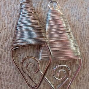 Long Silvery Metal Wire Wrapped Geometric Earrings